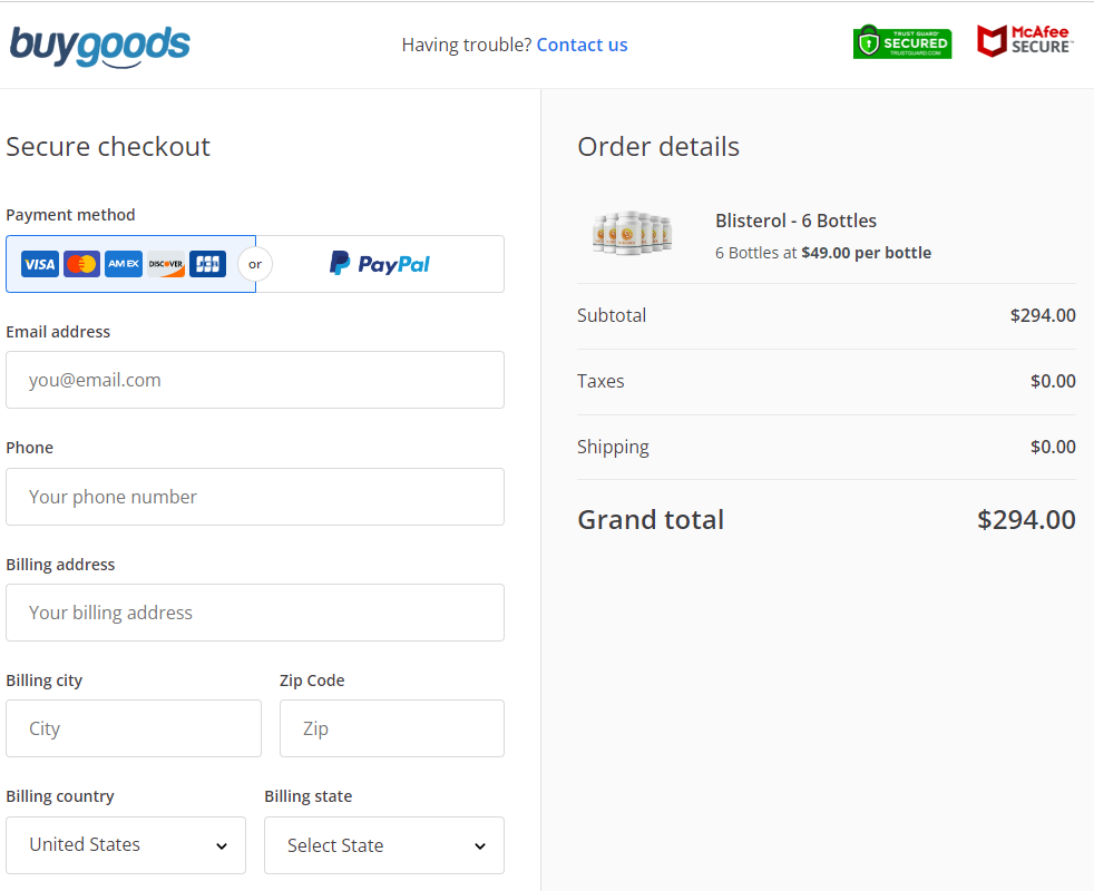 blisterol check out page